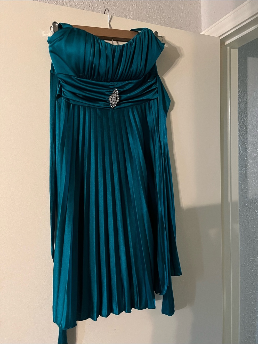 Teal Pleated Strapless Cocktail Dress with Jeweled Accent